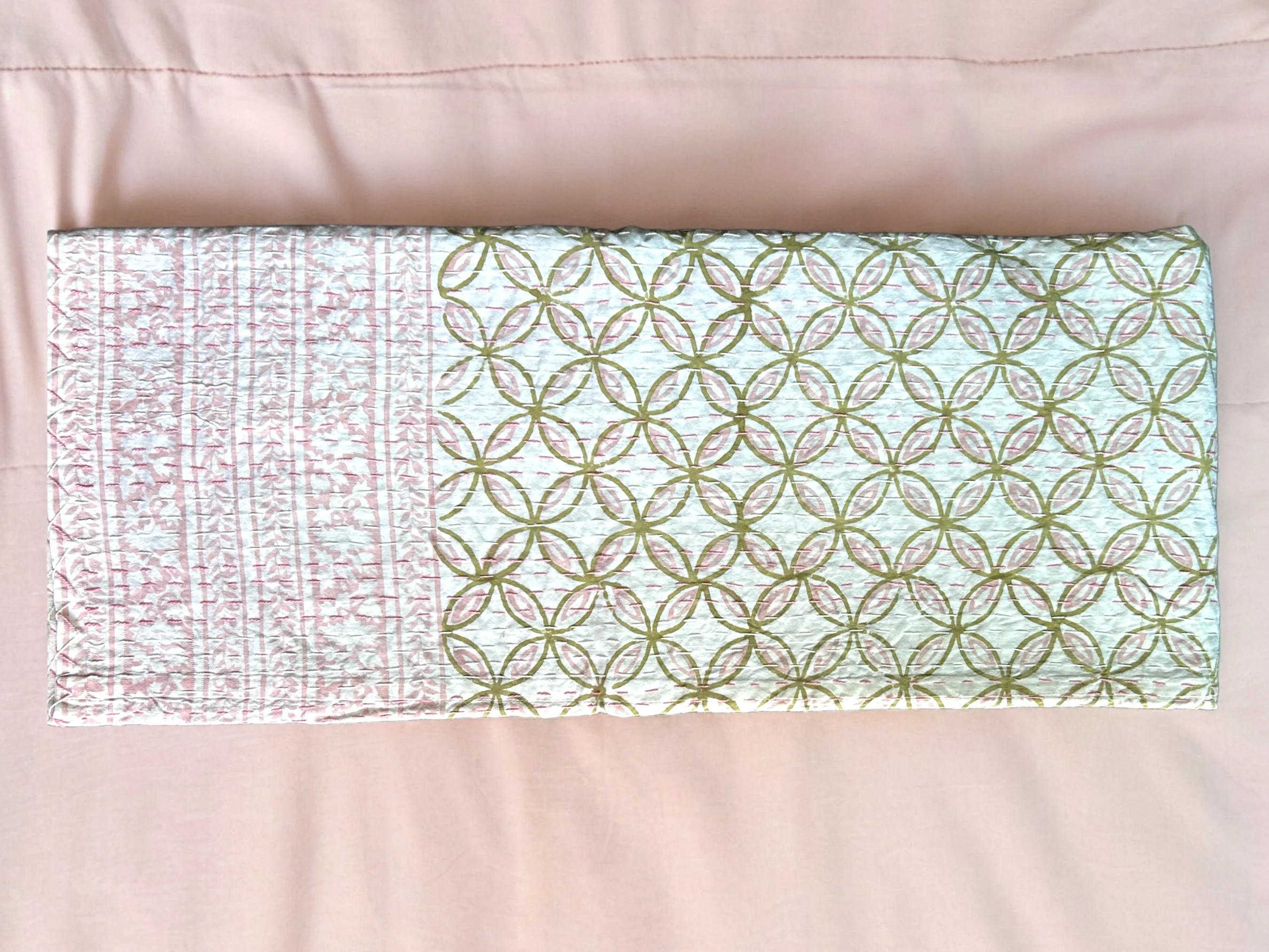 Blush Hand Block Printed Kantha Bedspread - Image 4