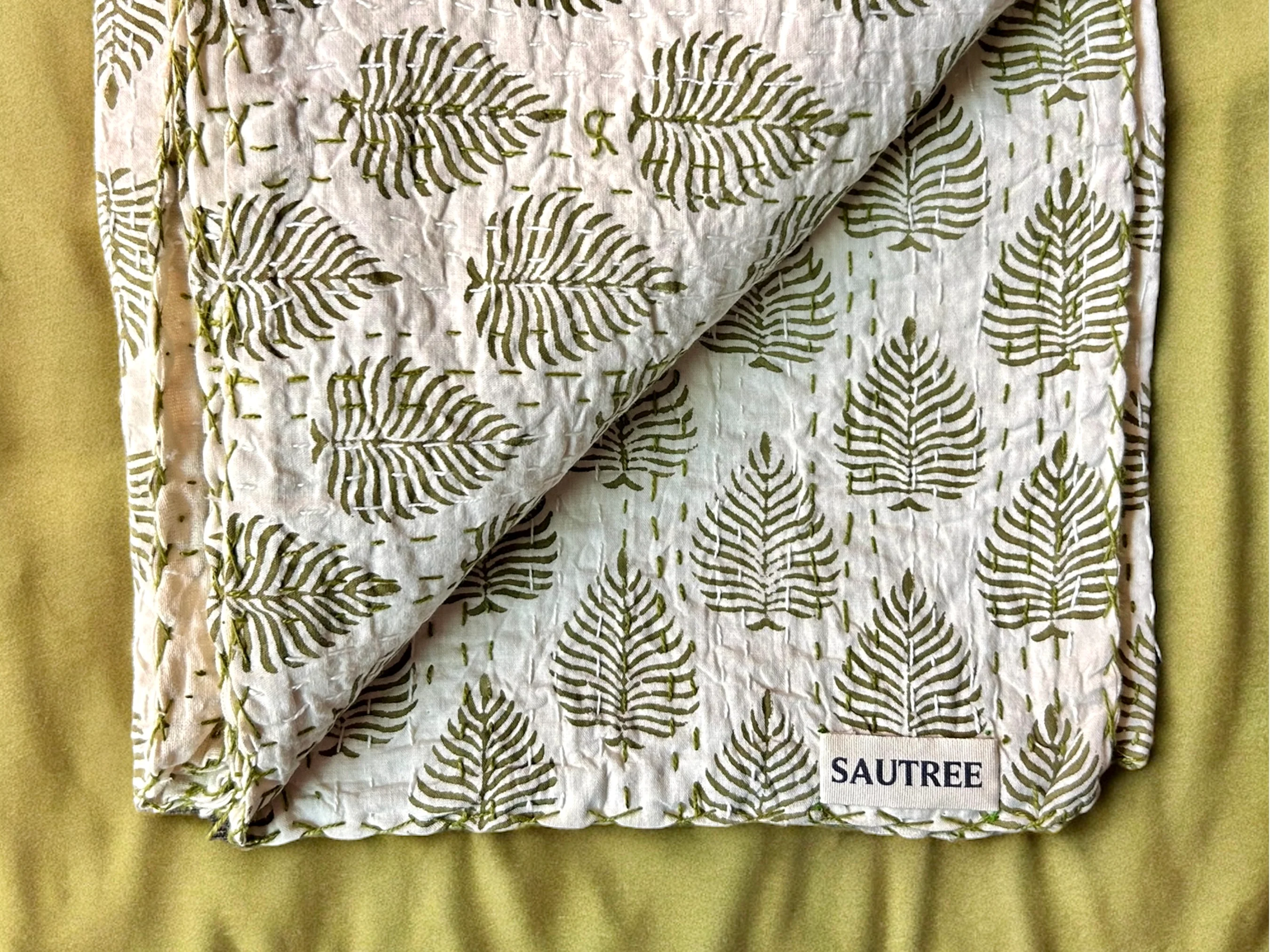 Foliage Hand Block Printed Kantha Bedspread - Image 3