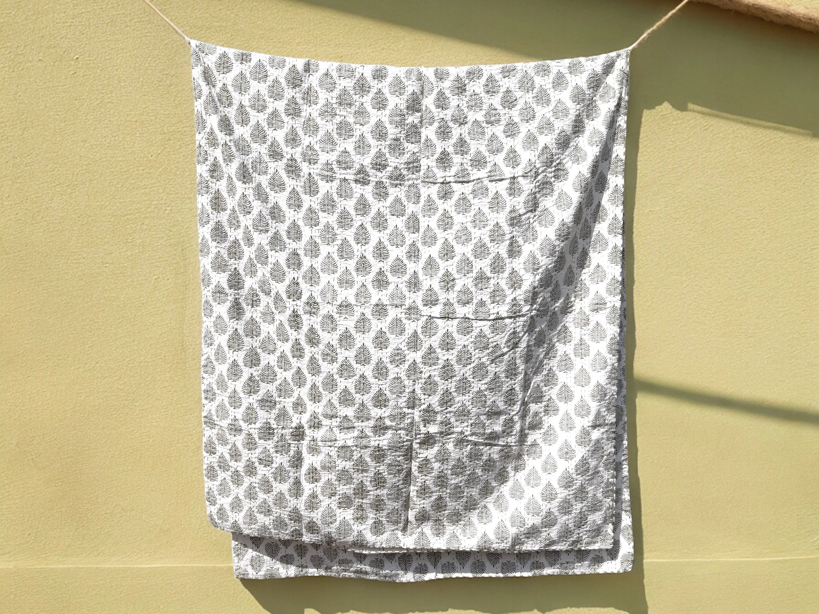 Foliage Hand Block Printed Kantha Bedspread - Image 5