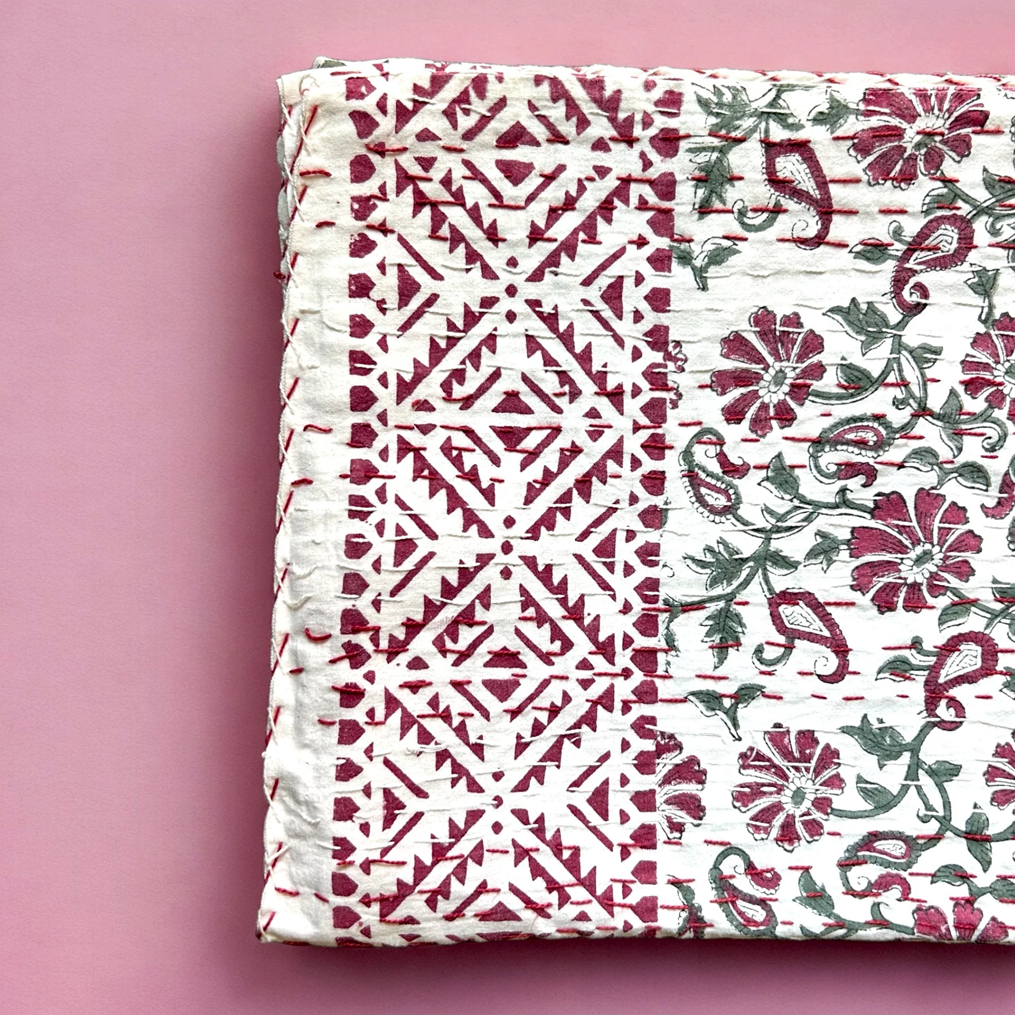 Vine Floral Block Printed Kantha Bedspread - Image 3