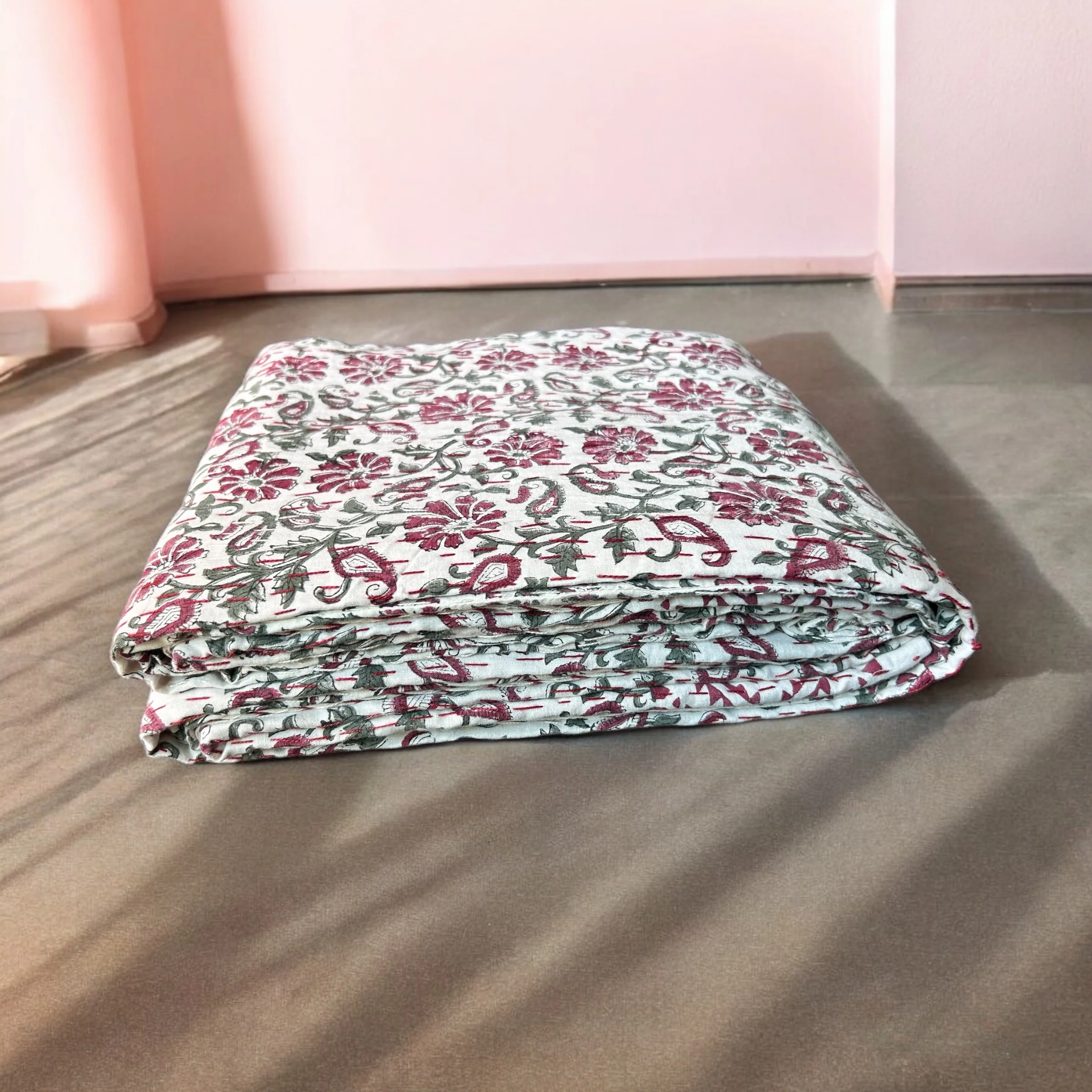 Vine Floral Block Printed Kantha Bedspread - Image 4