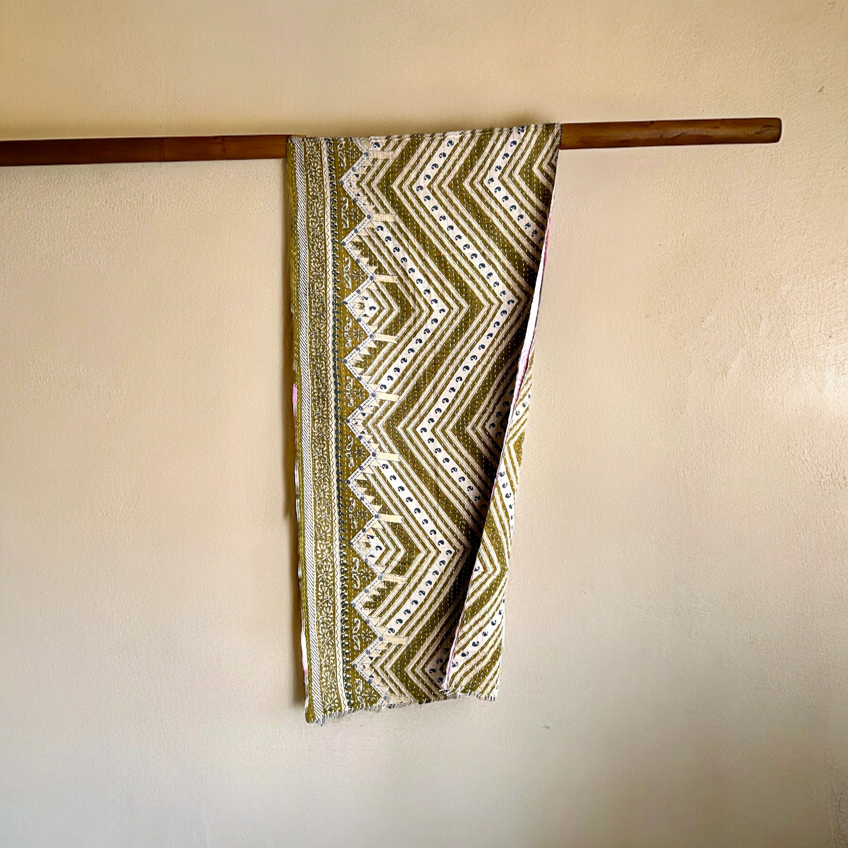 Olive-Pink Cotton Kantha Scarf - Image 4