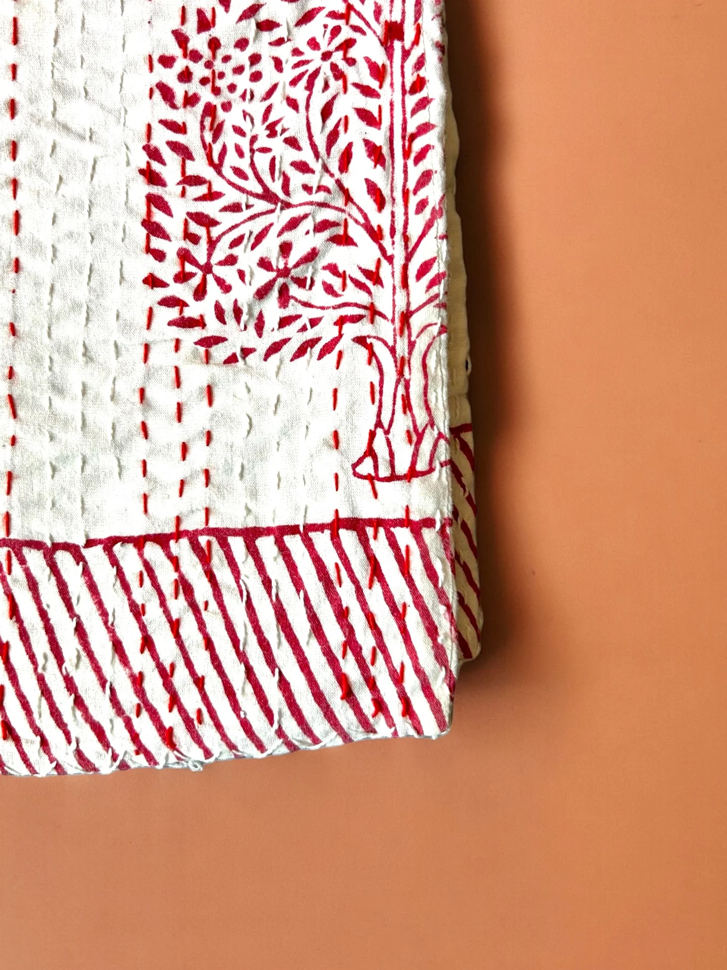 Ruby Floral Block Printed Kantha Bedspread - Image 3