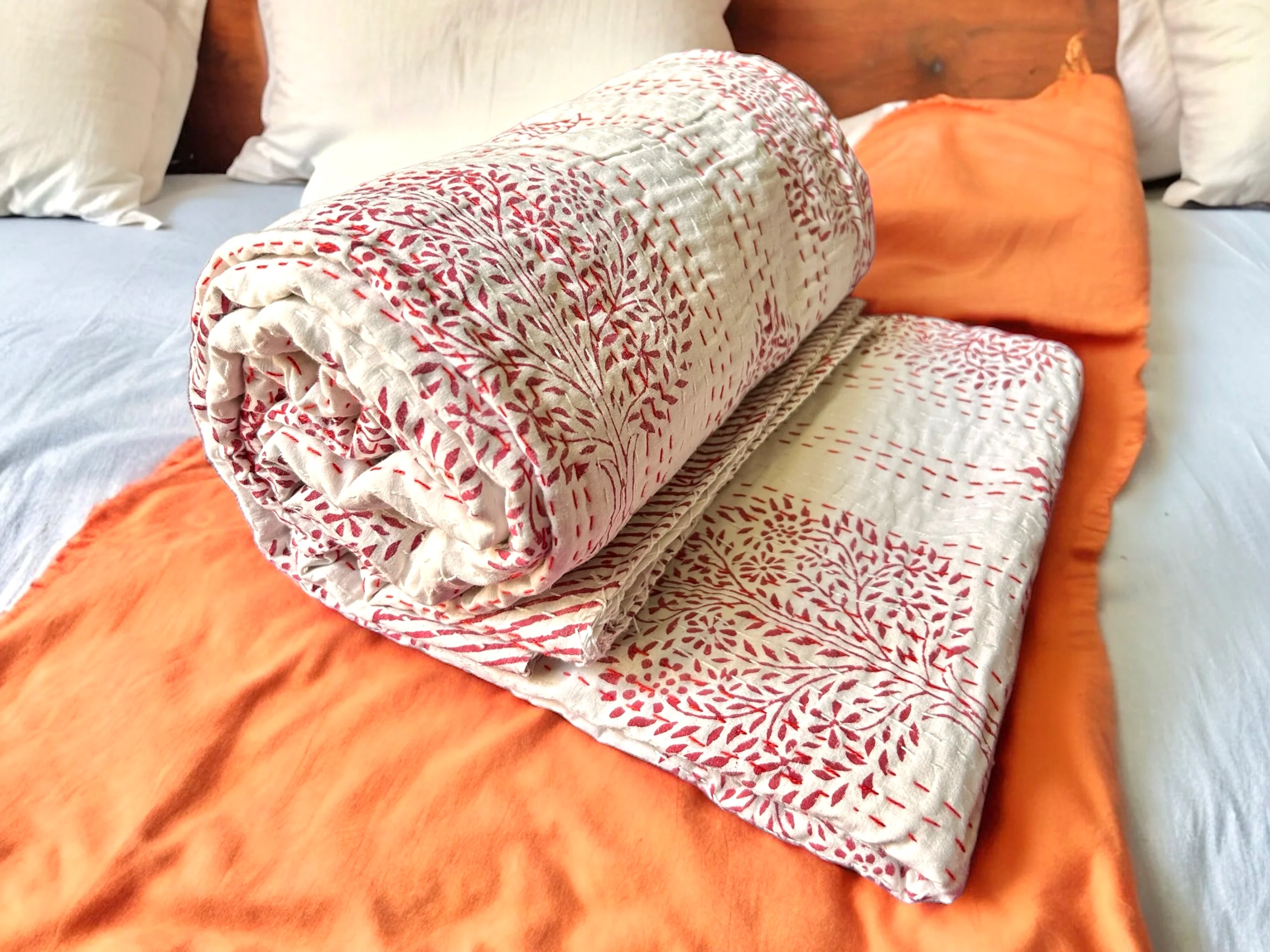 Ruby Floral Block Printed Kantha Bedspread - Image 4