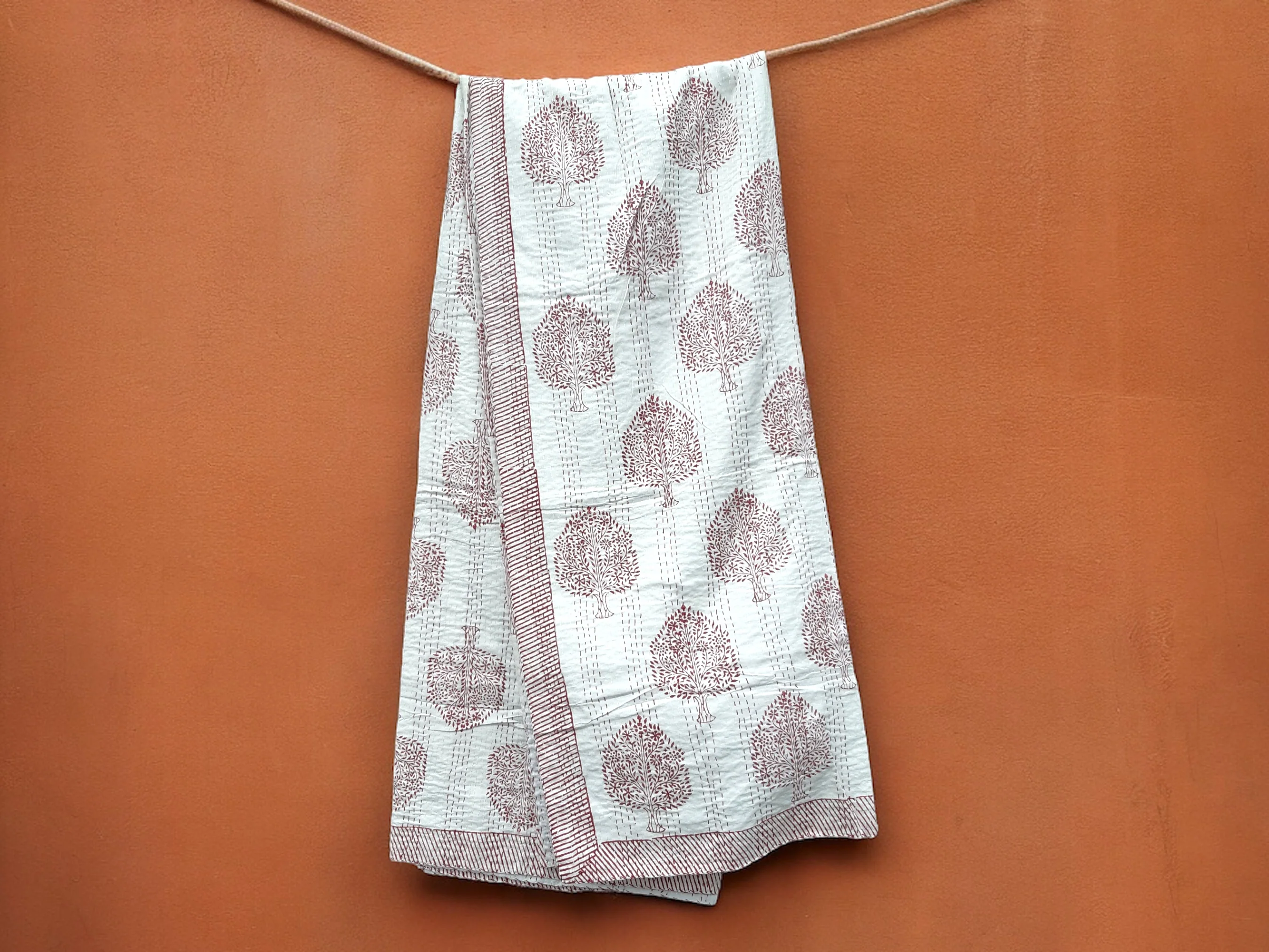 Ruby Floral Block Printed Kantha Bedspread - Image 5